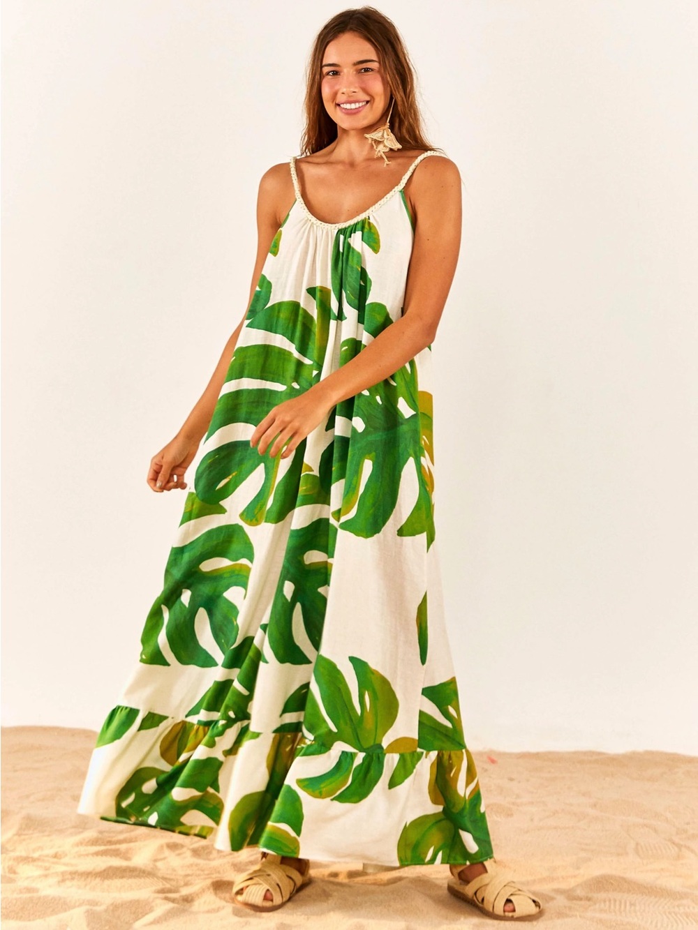 FARM Rio White Monstera Print line Maxi dress